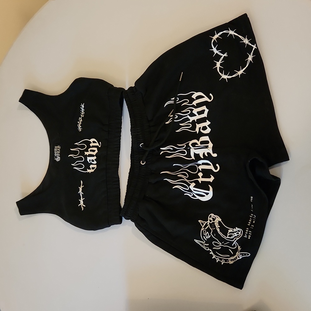 Born Dead two-piece drawstring shorts and tank with built-in bra